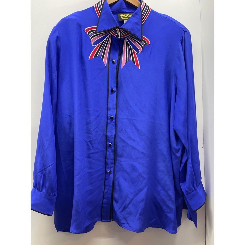 Bob Mackie Wearable Art Blue 100% Silk Embroidered Bow Blouse 2X A68311